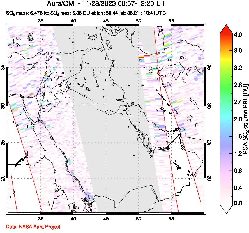 A sulfur dioxide image over Middle East on Nov 28, 2023.