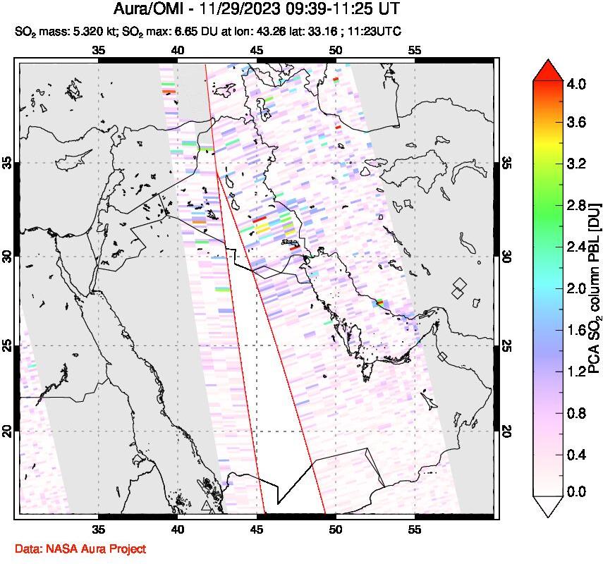 A sulfur dioxide image over Middle East on Nov 29, 2023.