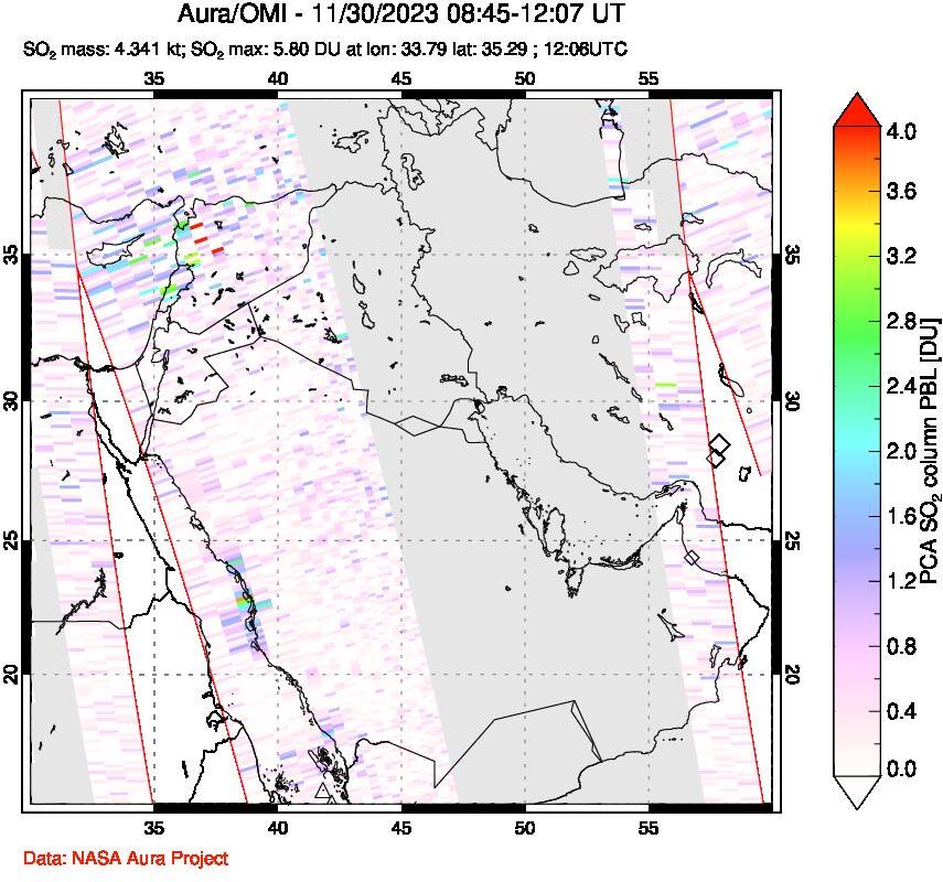 A sulfur dioxide image over Middle East on Nov 30, 2023.