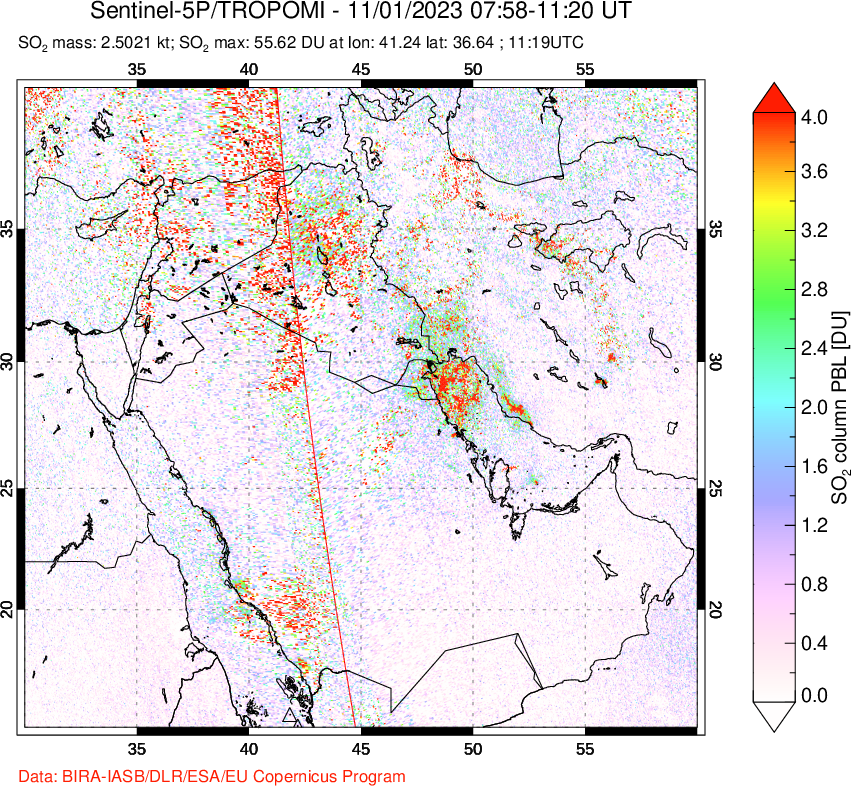 A sulfur dioxide image over Middle East on Nov 01, 2023.