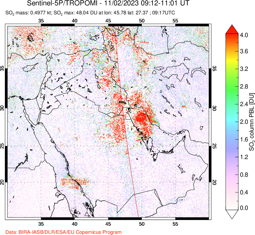 A sulfur dioxide image over Middle East on Nov 02, 2023.