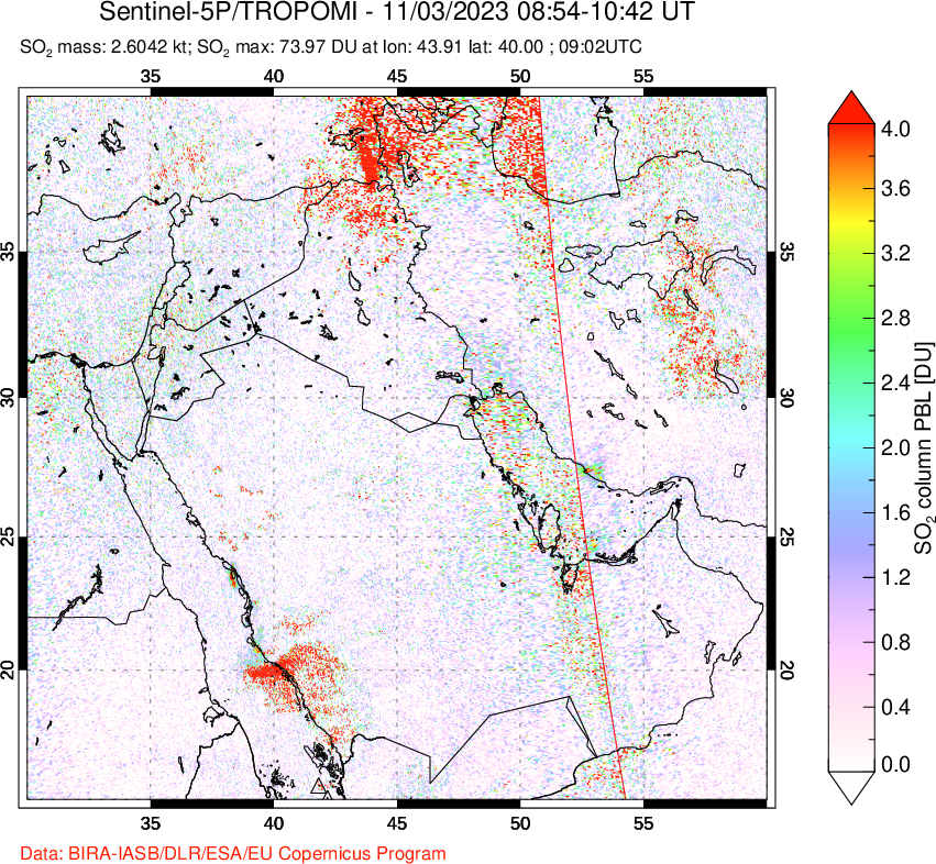 A sulfur dioxide image over Middle East on Nov 03, 2023.