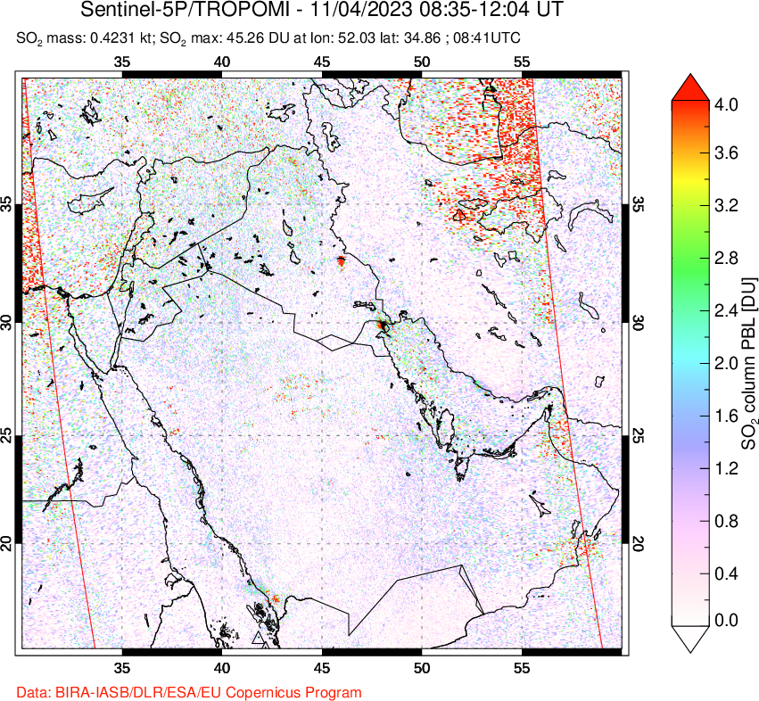 A sulfur dioxide image over Middle East on Nov 04, 2023.