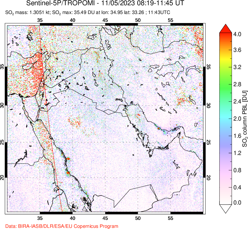 A sulfur dioxide image over Middle East on Nov 05, 2023.