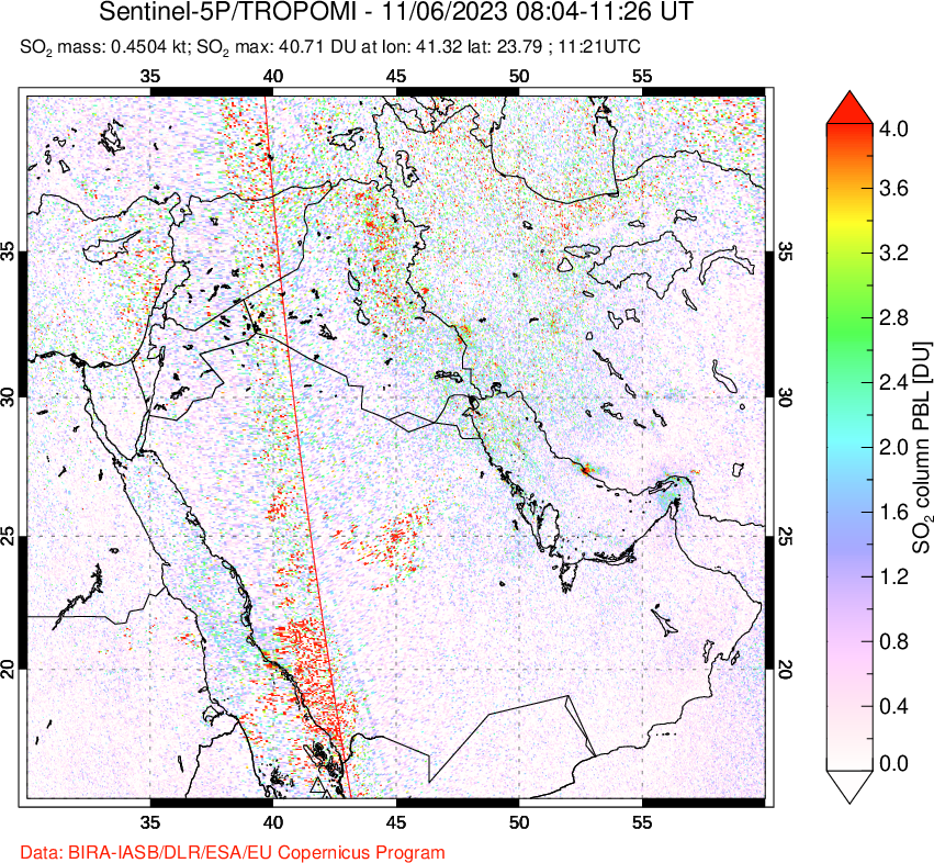 A sulfur dioxide image over Middle East on Nov 06, 2023.