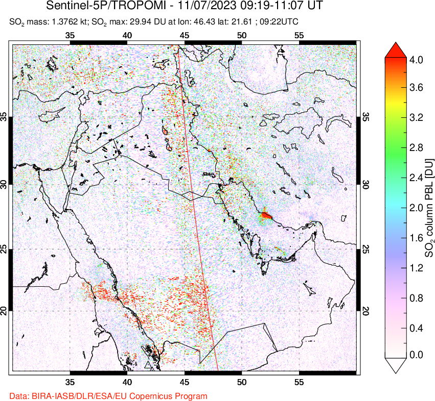 A sulfur dioxide image over Middle East on Nov 07, 2023.