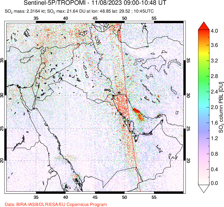 A sulfur dioxide image over Middle East on Nov 08, 2023.