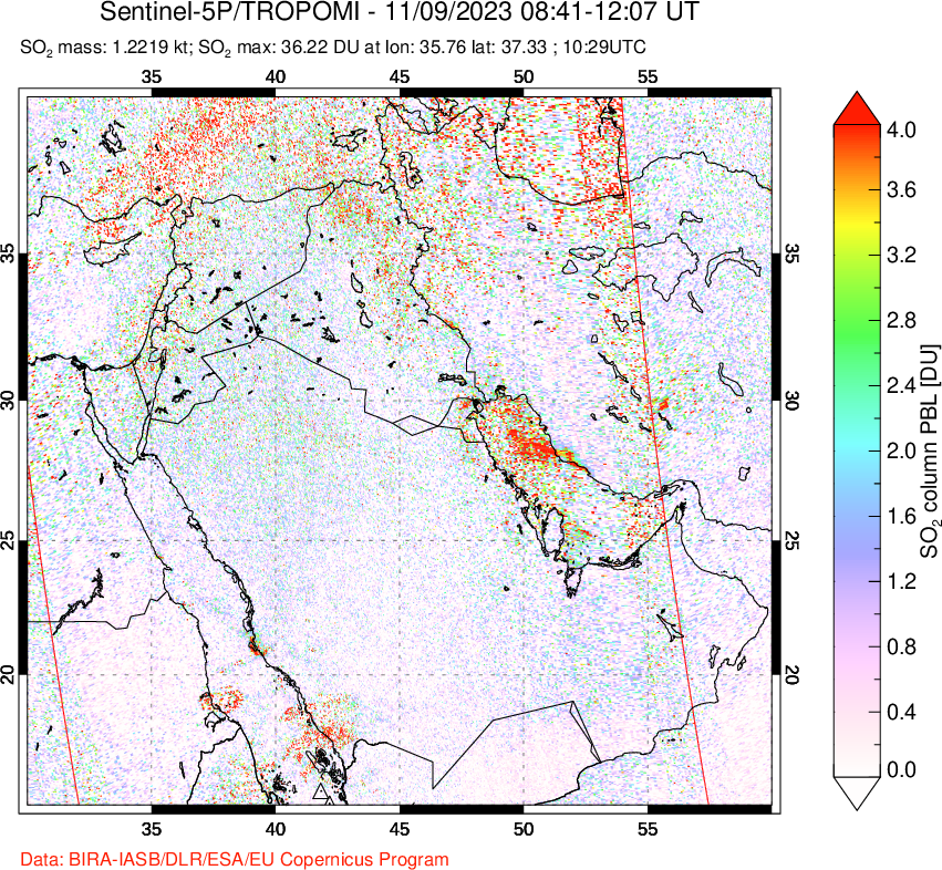 A sulfur dioxide image over Middle East on Nov 09, 2023.