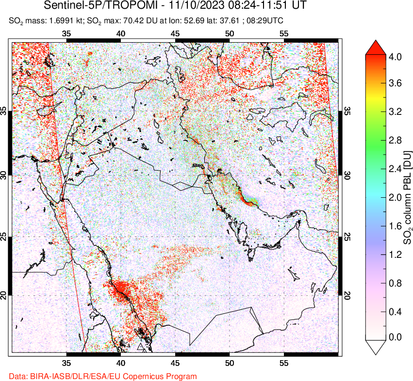 A sulfur dioxide image over Middle East on Nov 10, 2023.