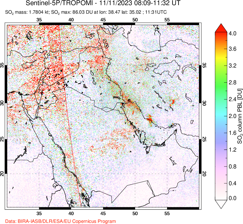 A sulfur dioxide image over Middle East on Nov 11, 2023.