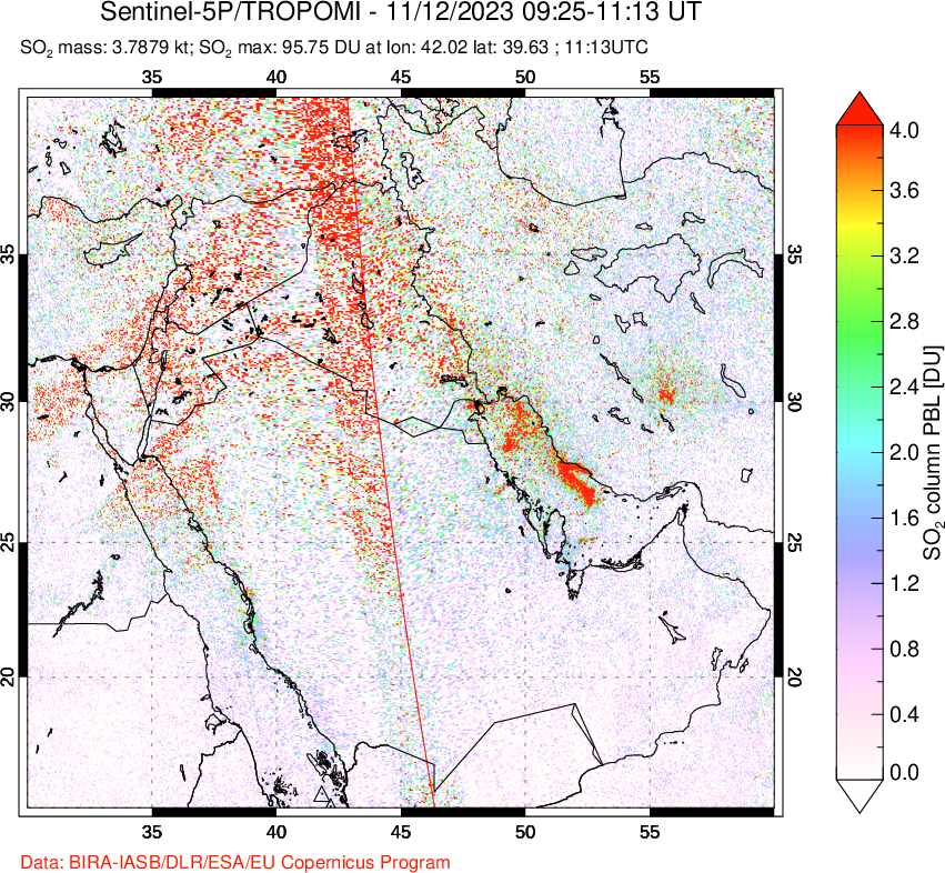 A sulfur dioxide image over Middle East on Nov 12, 2023.