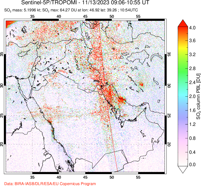 A sulfur dioxide image over Middle East on Nov 13, 2023.