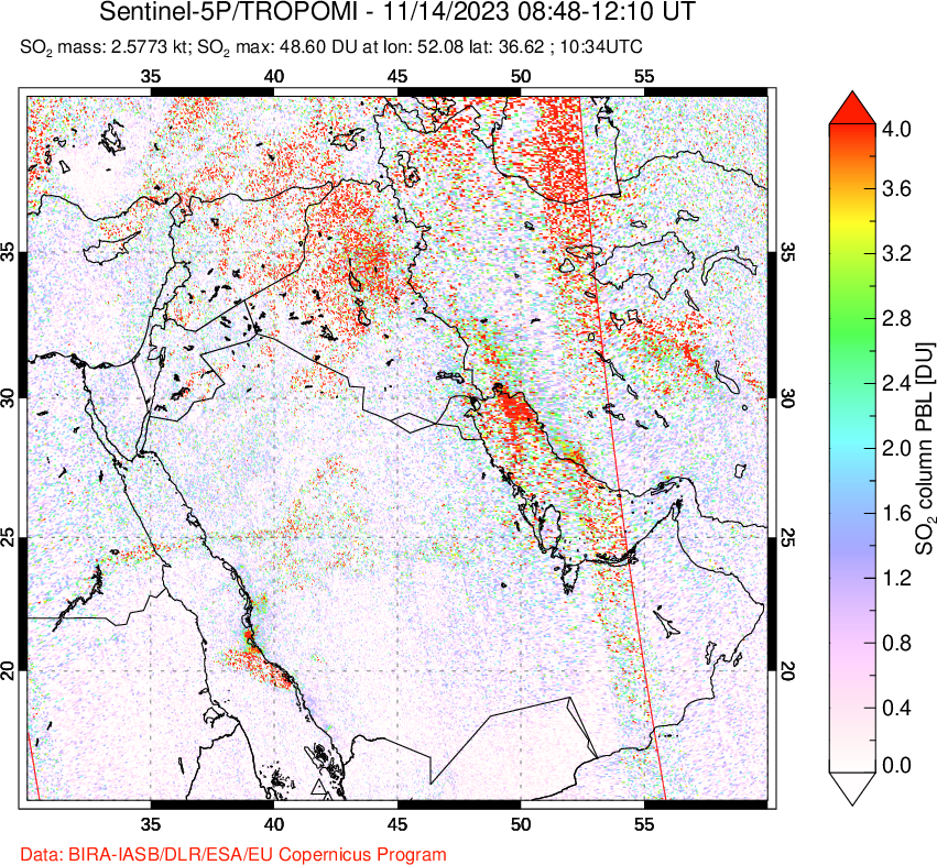 A sulfur dioxide image over Middle East on Nov 14, 2023.