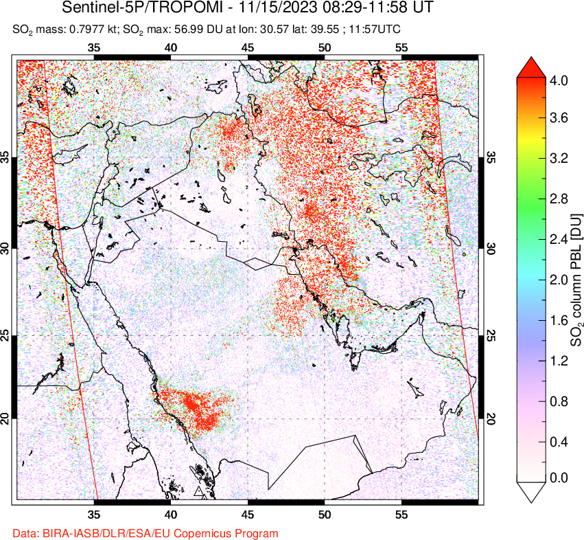 A sulfur dioxide image over Middle East on Nov 15, 2023.