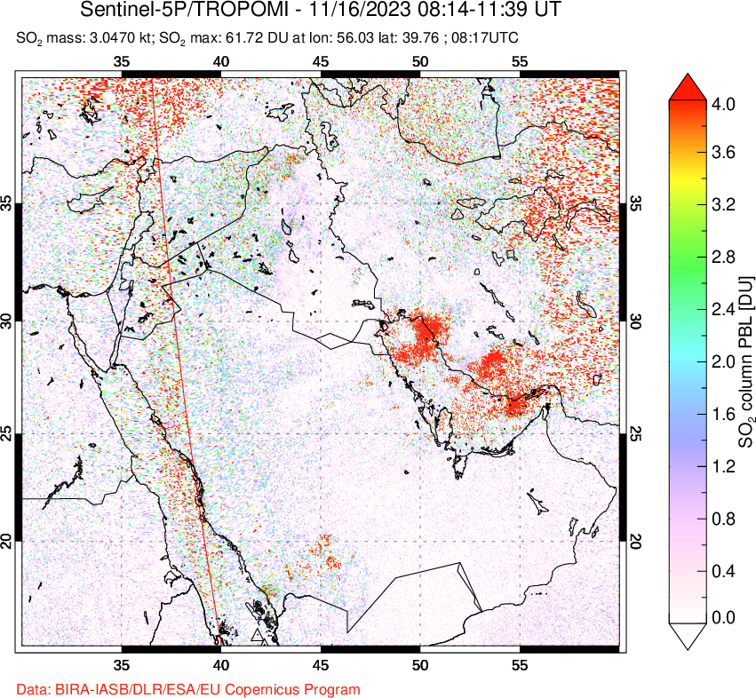 A sulfur dioxide image over Middle East on Nov 16, 2023.