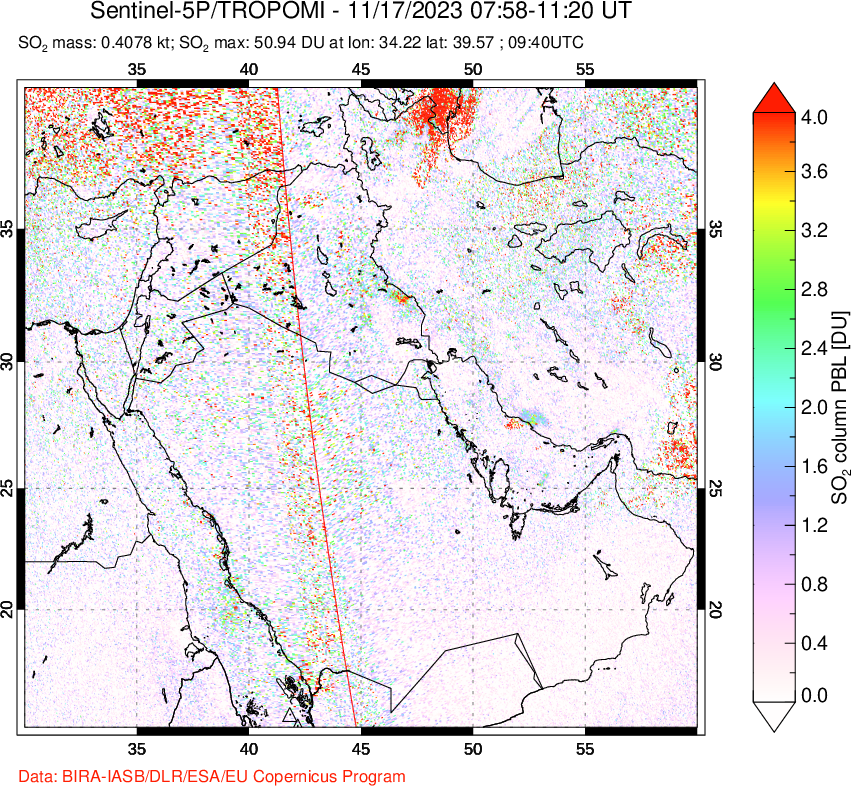 A sulfur dioxide image over Middle East on Nov 17, 2023.