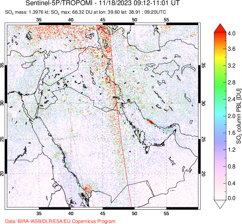 A sulfur dioxide image over Middle East on Nov 18, 2023.