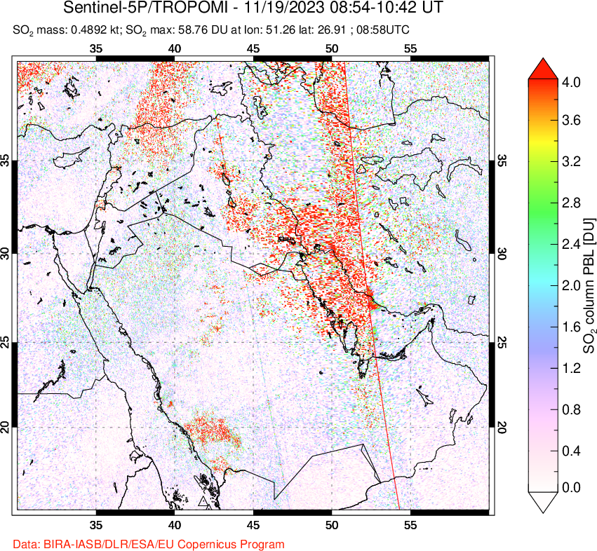 A sulfur dioxide image over Middle East on Nov 19, 2023.