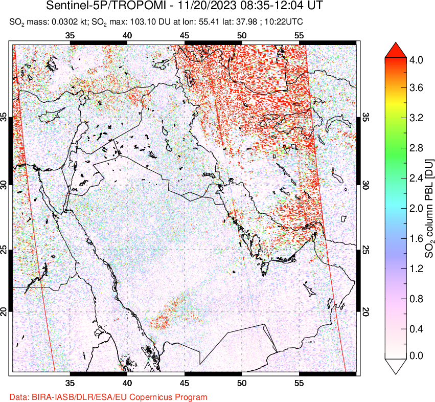 A sulfur dioxide image over Middle East on Nov 20, 2023.