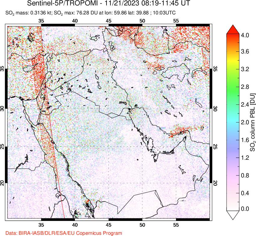 A sulfur dioxide image over Middle East on Nov 21, 2023.