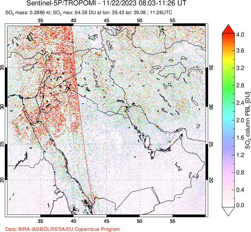 A sulfur dioxide image over Middle East on Nov 22, 2023.