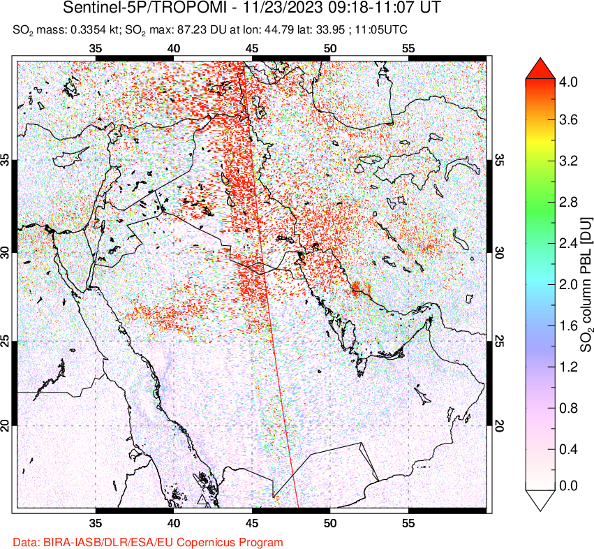 A sulfur dioxide image over Middle East on Nov 23, 2023.