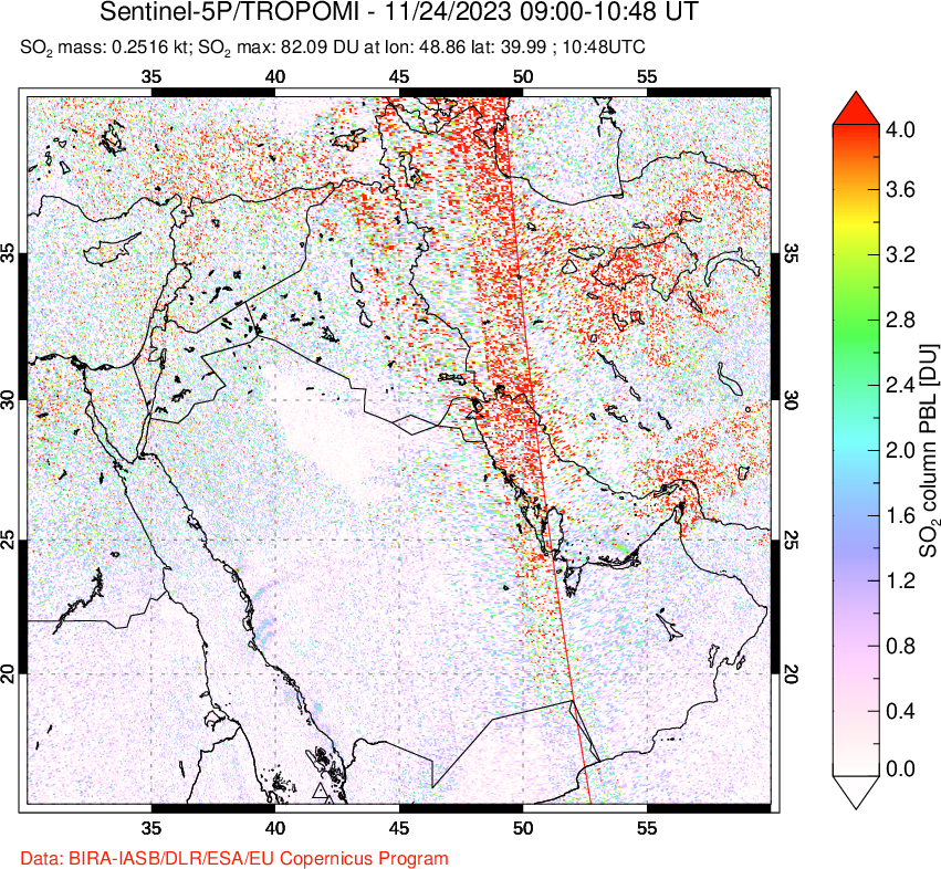 A sulfur dioxide image over Middle East on Nov 24, 2023.