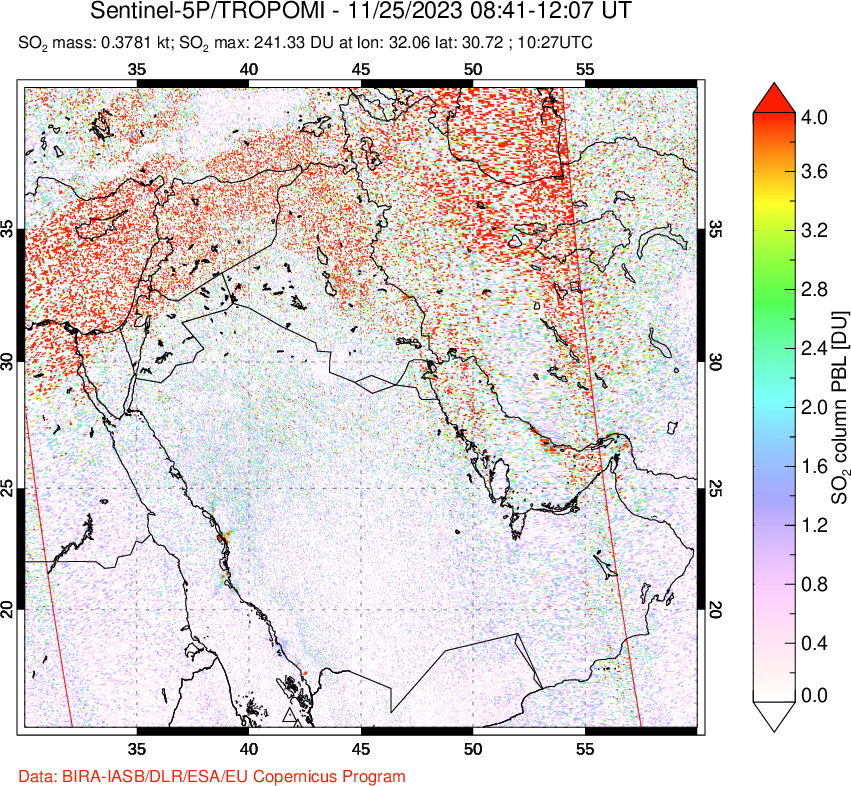 A sulfur dioxide image over Middle East on Nov 25, 2023.