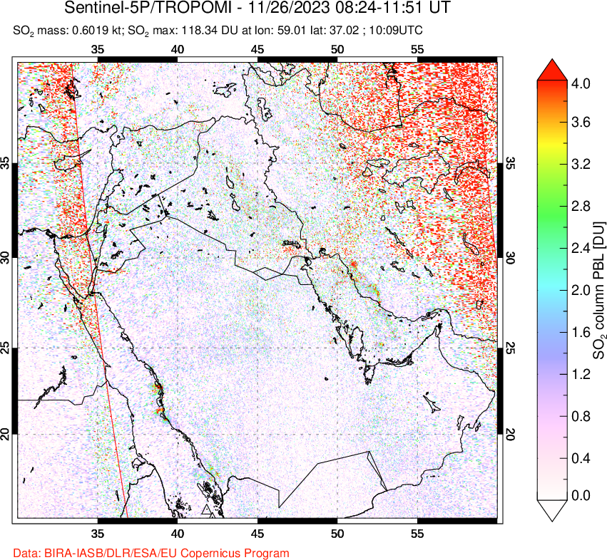 A sulfur dioxide image over Middle East on Nov 26, 2023.