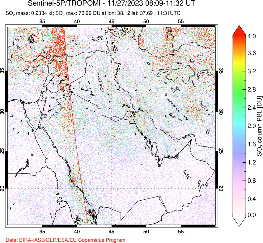 A sulfur dioxide image over Middle East on Nov 27, 2023.