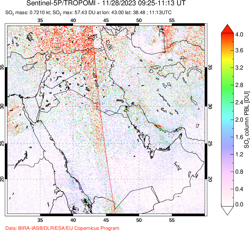 A sulfur dioxide image over Middle East on Nov 28, 2023.