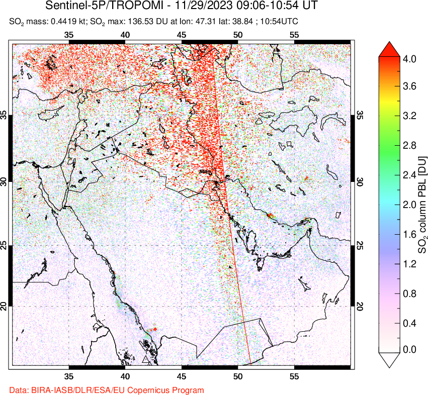 A sulfur dioxide image over Middle East on Nov 29, 2023.