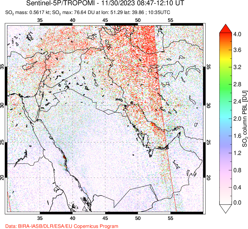 A sulfur dioxide image over Middle East on Nov 30, 2023.