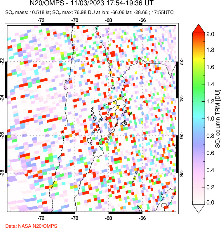 A sulfur dioxide image over Northern Chile on Nov 03, 2023.