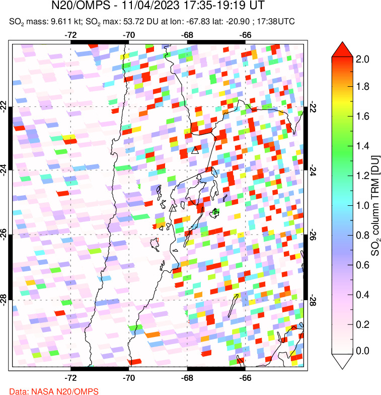 A sulfur dioxide image over Northern Chile on Nov 04, 2023.