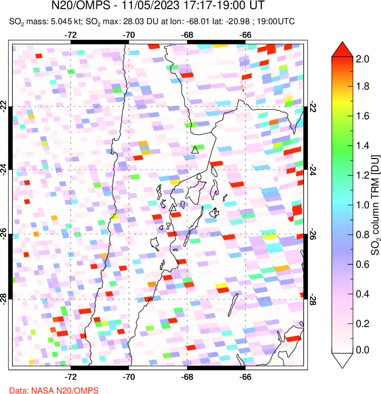 A sulfur dioxide image over Northern Chile on Nov 05, 2023.