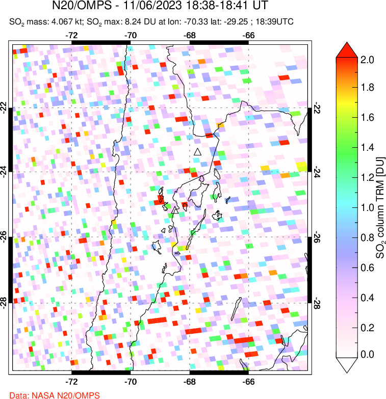 A sulfur dioxide image over Northern Chile on Nov 06, 2023.