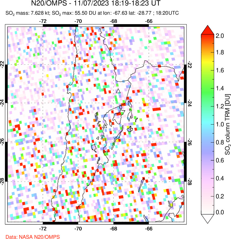 A sulfur dioxide image over Northern Chile on Nov 07, 2023.