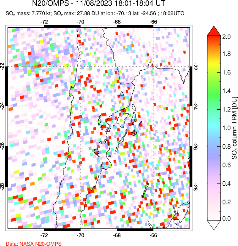 A sulfur dioxide image over Northern Chile on Nov 08, 2023.