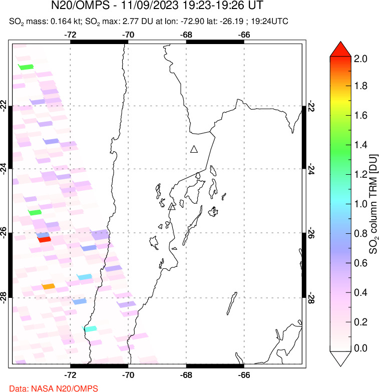 A sulfur dioxide image over Northern Chile on Nov 09, 2023.