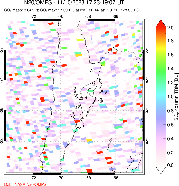 A sulfur dioxide image over Northern Chile on Nov 10, 2023.