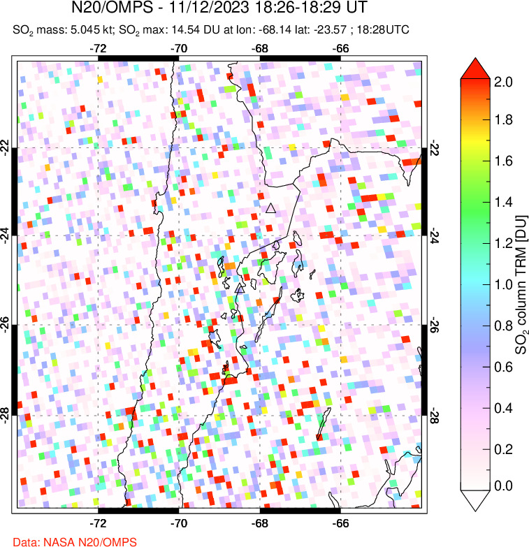 A sulfur dioxide image over Northern Chile on Nov 12, 2023.