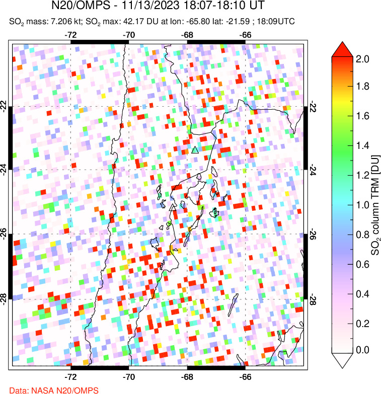 A sulfur dioxide image over Northern Chile on Nov 13, 2023.