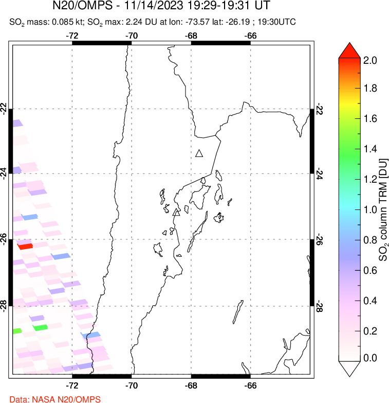 A sulfur dioxide image over Northern Chile on Nov 14, 2023.