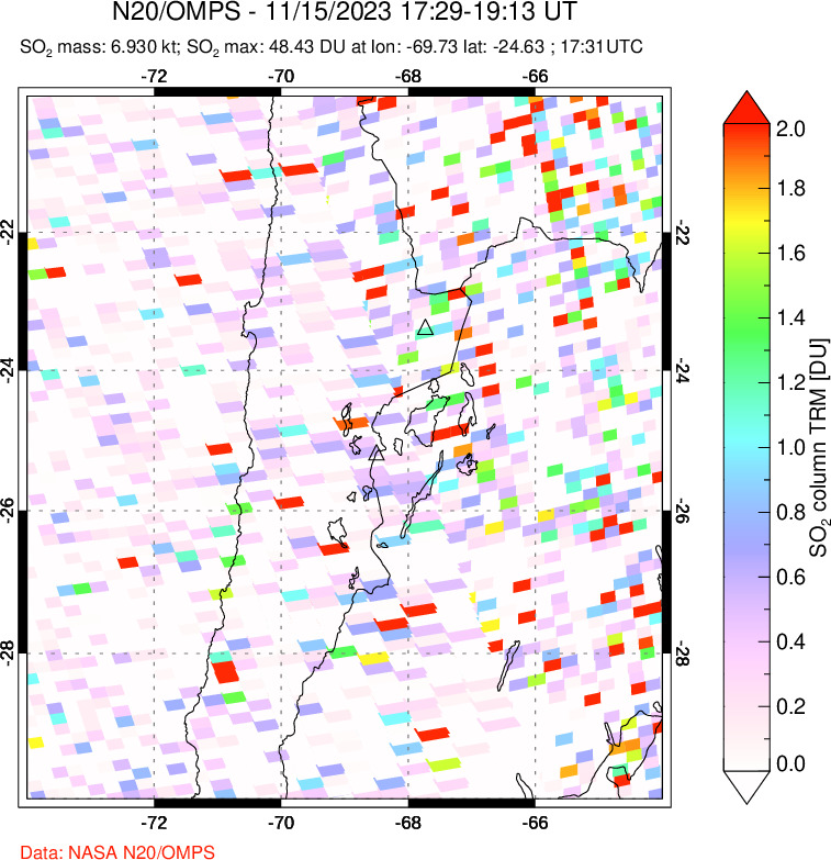 A sulfur dioxide image over Northern Chile on Nov 15, 2023.