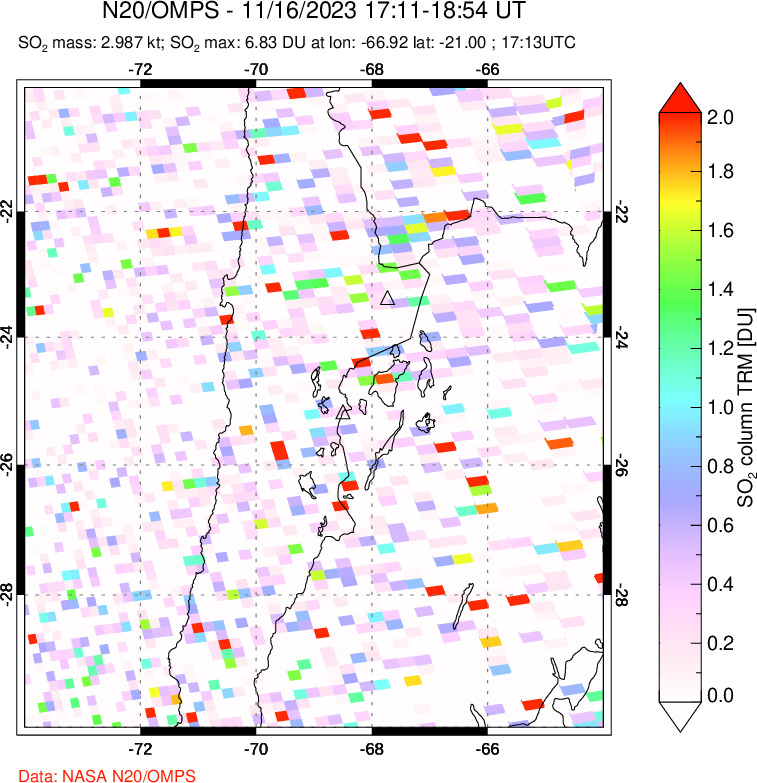 A sulfur dioxide image over Northern Chile on Nov 16, 2023.