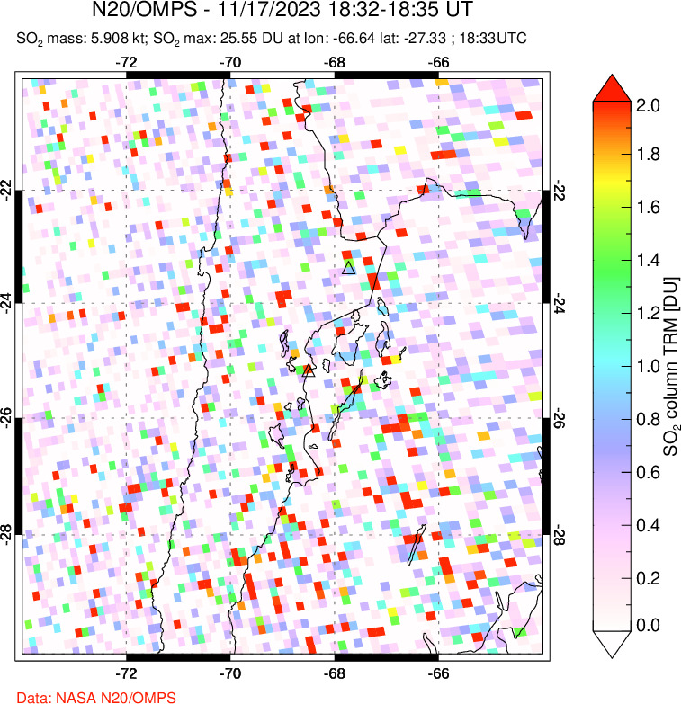 A sulfur dioxide image over Northern Chile on Nov 17, 2023.