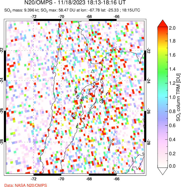 A sulfur dioxide image over Northern Chile on Nov 18, 2023.