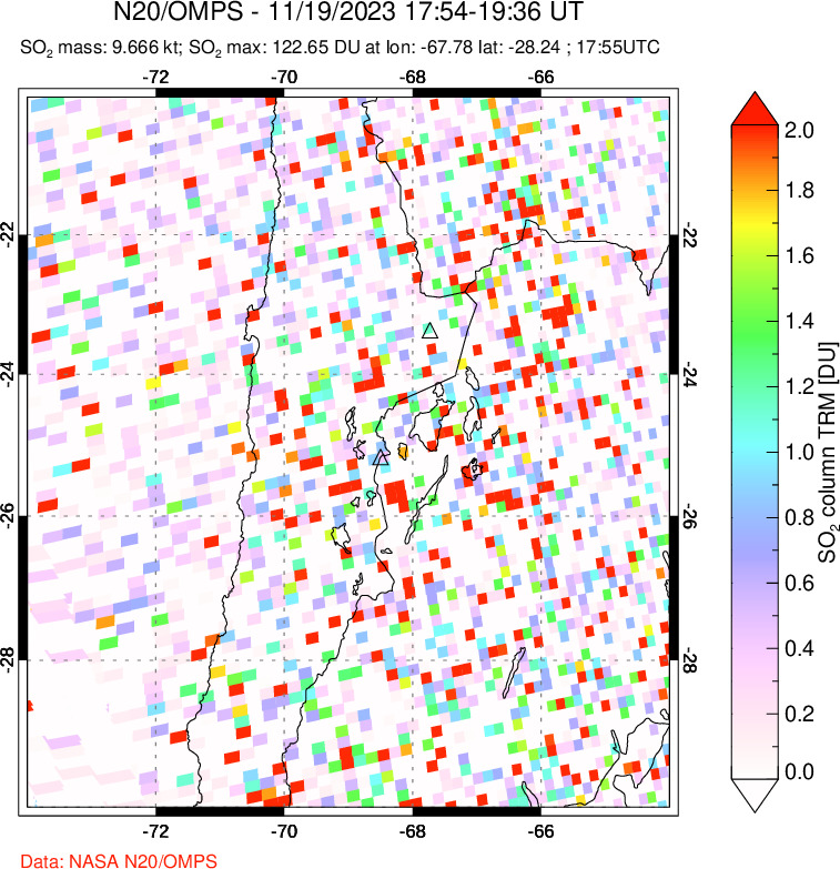 A sulfur dioxide image over Northern Chile on Nov 19, 2023.