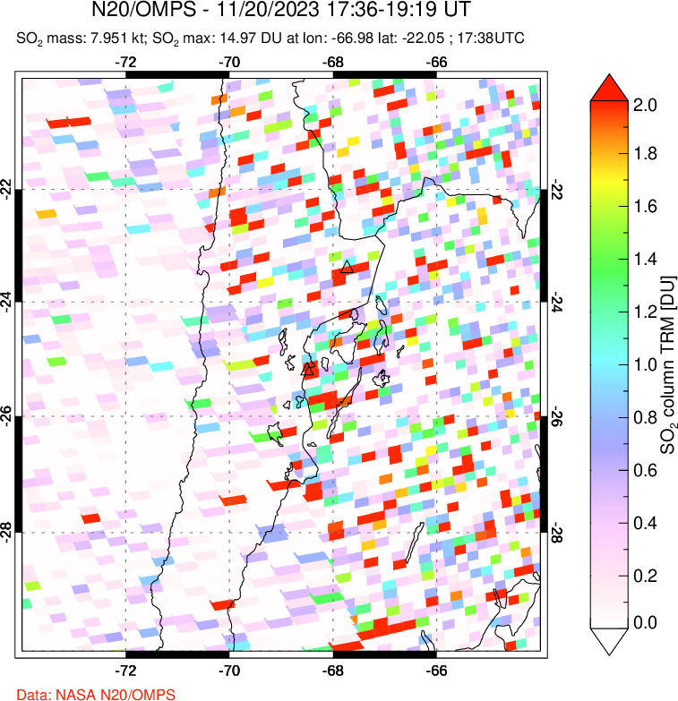 A sulfur dioxide image over Northern Chile on Nov 20, 2023.